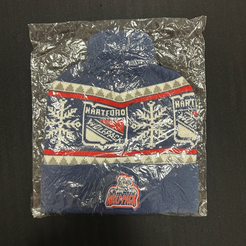 Hartford Wolf Pack AHL Hockey Knit Beanie Pom Hat Blue Snowflake Rangers Logo